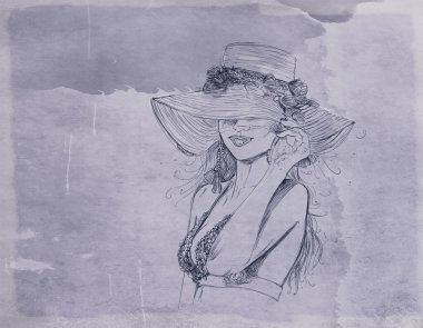 Kadın, zarif, uzun saçlı, arka planda, antik arka planda, sanatsal çizgide, klasik