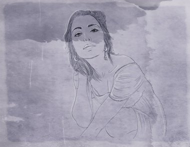 Kadın, zarif, uzun saçlı, arka planda, antik arka planda, sanatsal çizgide, klasik