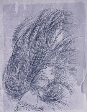 Kadın, zarif, uzun saçlı, arka planda, antik arka planda, sanatsal çizgide, klasik