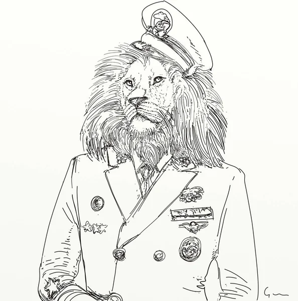 Λιοντάρι Ντυμένο Ναύτης Ζωγραφισμένα Στο Χέρι Σχέδια Μολύβι — Φωτογραφία Αρχείου