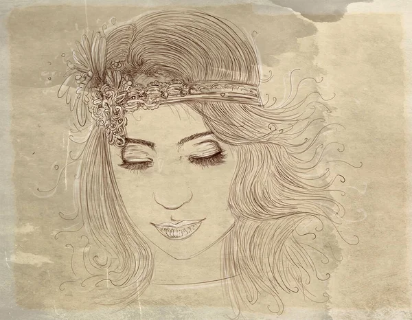 Frau Elegant Mit Langen Haaren Mit Hintergrund Antiker Hintergrund Linienkunst — Stockfoto