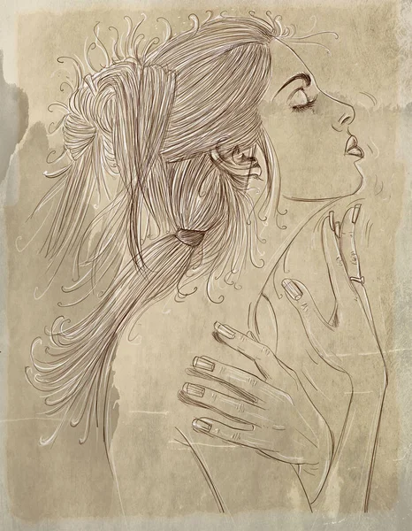 Femme Élégante Cheveux Longs Avec Fond Fond Ancien Line Art — Photo