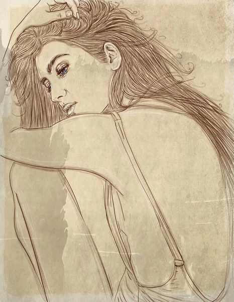 Žena Elegantní Dlouhými Vlasy Pozadím Starodávné Pozadí Line Art Vintage — Stock fotografie