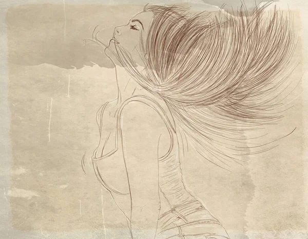 Femme Élégante Cheveux Longs Avec Fond Fond Ancien Line Art — Photo