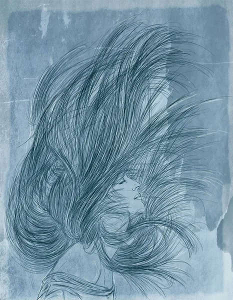 Žena Elegantní Dlouhými Vlasy Pozadím Starodávné Pozadí Line Art Vintage — Stock fotografie