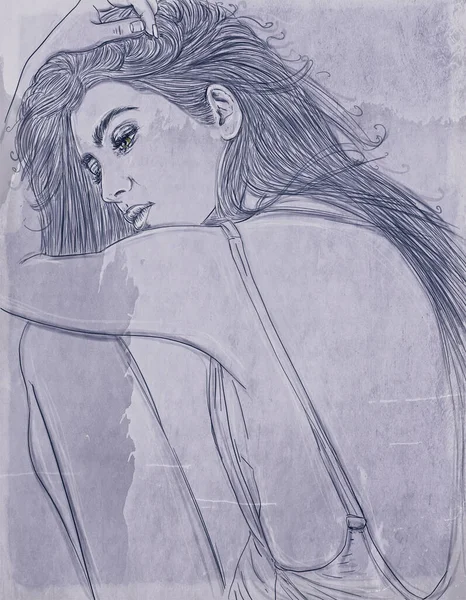 Γυναίκα Κομψό Μακριά Μαλλιά Φόντο Αρχαίο Υπόβαθρο Καλλιτεχνική Γραμμή Ρετρό — Φωτογραφία Αρχείου