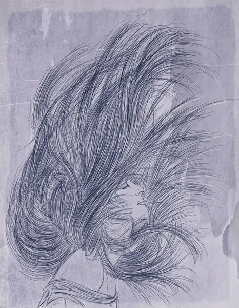 Žena Elegantní Dlouhými Vlasy Pozadím Starobylé Zázemí Umělecká Linie Retro — Stock fotografie