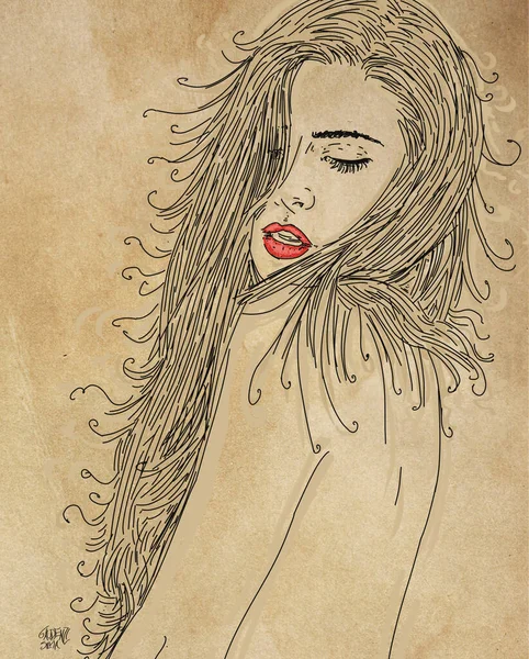 Elegant Woman Long Hair Deep Ancient Background Artistic Line Vintage — Stock Photo, Image