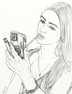 Uzun saçlı, eskilerden kalma, zarif bir kadın. Sanatsal çizgisi, klasik, iPhone ruj sürmüş.