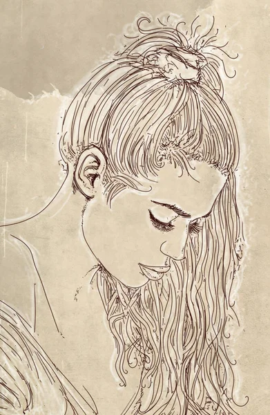 Elegante Frau Mit Langen Haaren Mit Einem Tiefen Antiken Hintergrund — Stockfoto