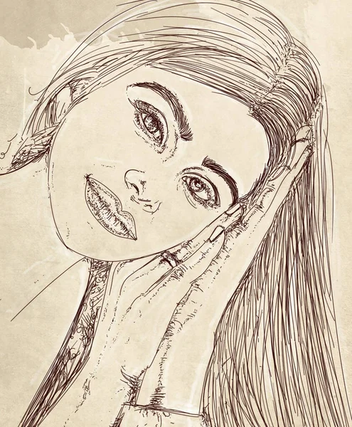 Κομψή Γυναίκα Μακριά Μαλλιά Βαθύ Αρχαίο Υπόβαθρο Καλλιτεχνική Γραμμή Vintage — Φωτογραφία Αρχείου