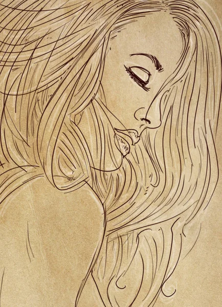 深い古代の背景 芸術的なライン ヴィンテージと長い髪を持つエレガントな女性 — ストック写真