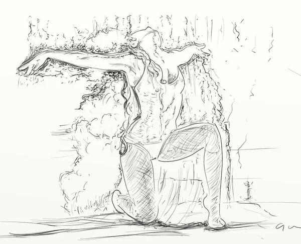 Элегантная Женщина Длинными Волосами Глубоким Древним Фоном Художественная Линия Винтаж — стоковое фото