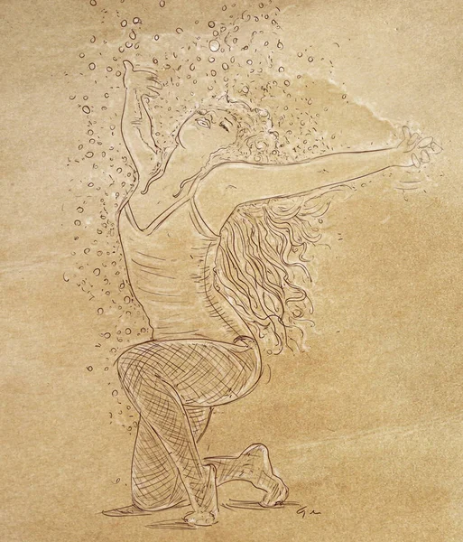 深い古代の背景を持つエレガントな女性 芸術ライン ヴィンテージ 砂の体操選手で — ストック写真