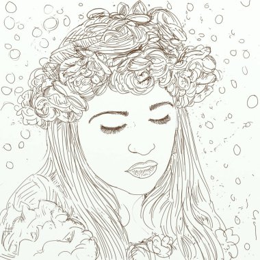 Alçak bakışlı ve çiçekli bir kız.