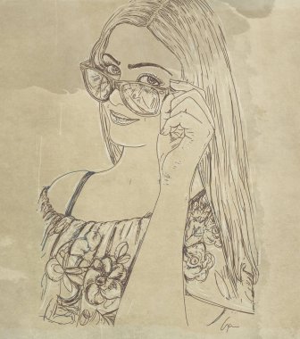 Gözlüklü bir kadının portresi. Kozmetik için tasarlanmış uzun saçlı genç bir adam.