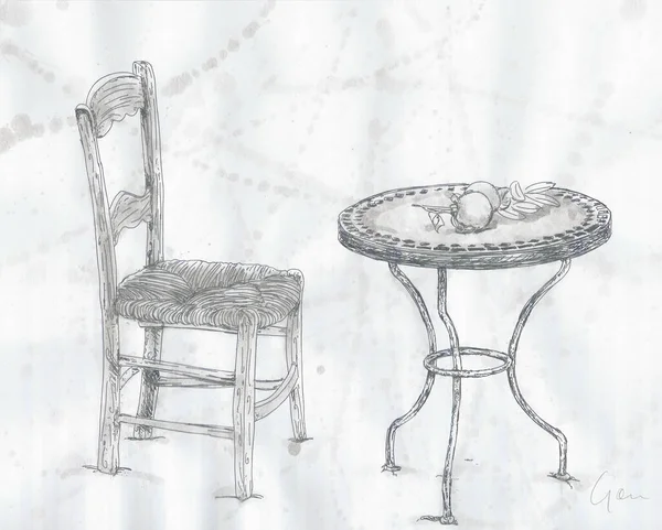 Ručně Kreslená Židle Stůl Bílém Pozadí Obrázek Vektorového Náčrtku — Stock fotografie