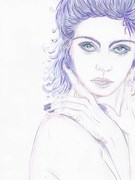 Szkic Pięknej Młodej Kobiety Niebieskimi Oczami Fioletowymi Włosami — Zdjęcie stockowe