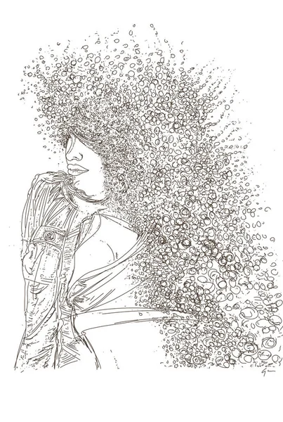 Szkic Pięknej Kobiety Kwiatami Włosach — Zdjęcie stockowe