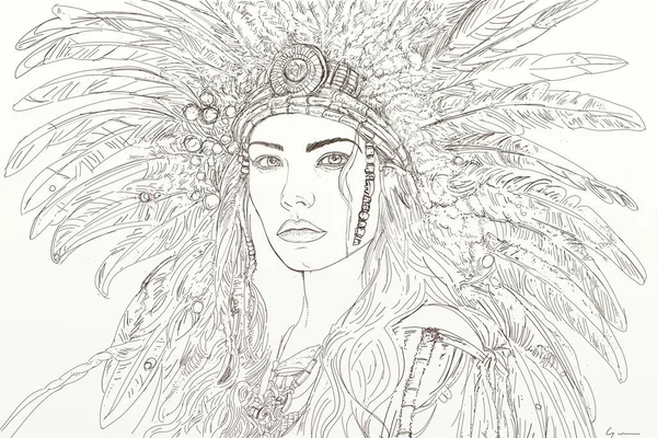 Native American Indian Woman Feathers Head Hand Drawn Sketch Vintage — Stockfoto