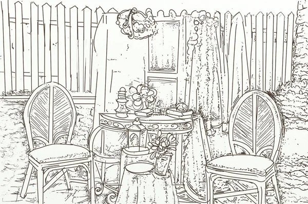 Hand drawn sketch of vintage interior with furniture, table and chairs.