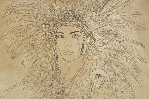 Native American Indian woman with feathers on her head. Hand drawn illustration.