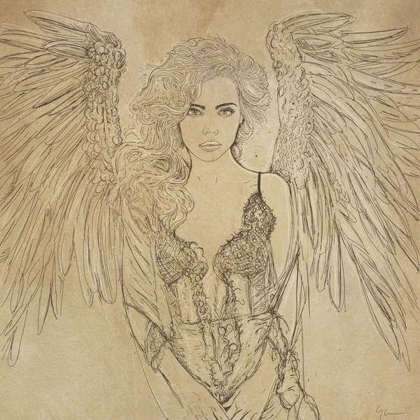 Sketch of beautiful woman with angel wings on old paper background