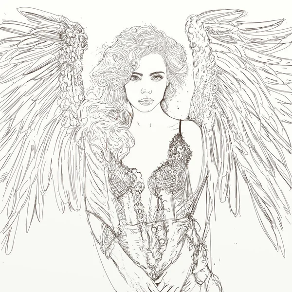 Sketch of beautiful woman with angel wings on old paper background