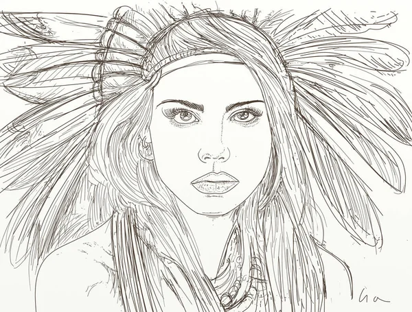 Hand drawn illustration of a beautiful indian woman with feathers on her head.