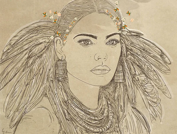 Hand drawn illustration of a beautiful indian woman with feathers on her head.