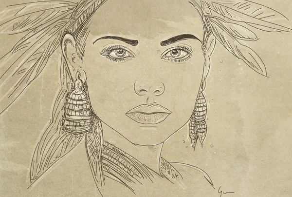 Native American Indian Woman Feathers Head Hand Drawn Sketch Vintage — Stockfoto