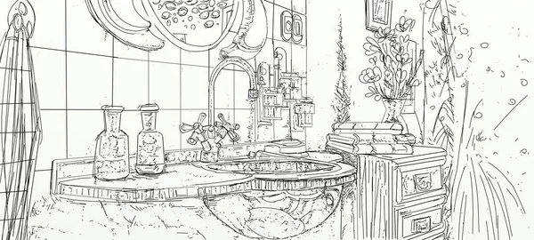 Hand drawn sketch of kitchen interior. Vintage style. Vector illustration.