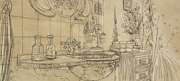 Hand drawn sketch of bathroom interior. Vintage style. Vector illustration.