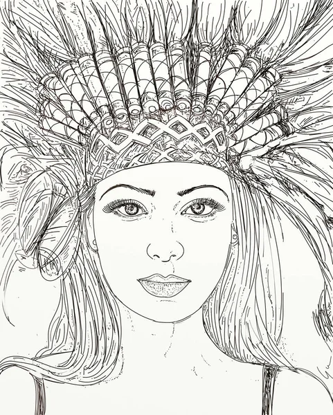 Native American Indian Woman Feathers Head Hand Drawn Sketch Vintage — стоковое фото