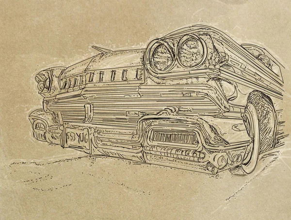 Vintage American Car Old Paper Background Hand Drawn Illustration — Stok fotoğraf