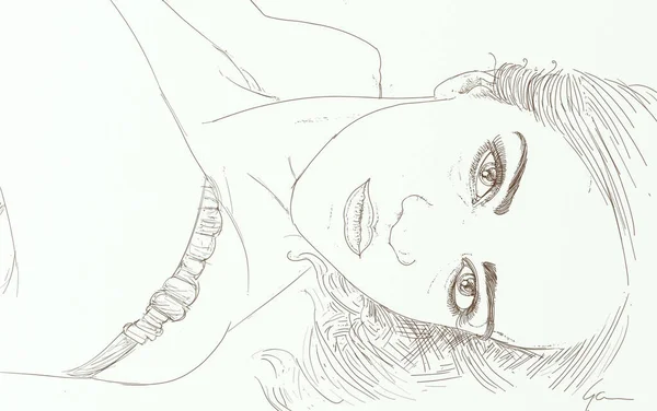 Portrait Beautiful Young Woman Hand Drawn Illustration — Stock Photo, Image