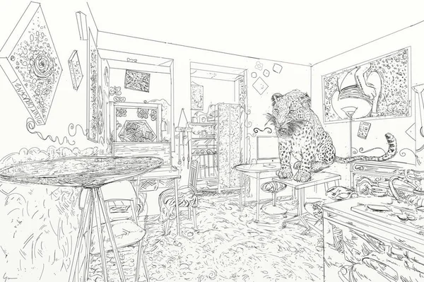 Tekening Van Een Luipaard Het Interieur Van Een Oud Huis — Stockfoto