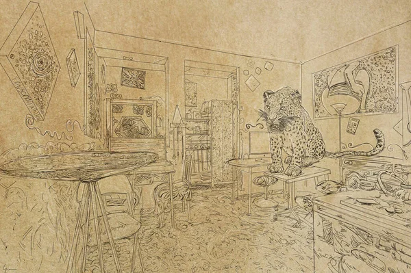 Dibujo Leopardo Interior Una Casa Antigua — Foto de Stock