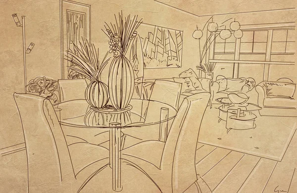 Sketch of the interior of the cafe. Hand-drawn illustration.