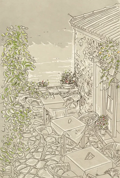 Hand drawn sketch of a terrace with table, chairs and flowers