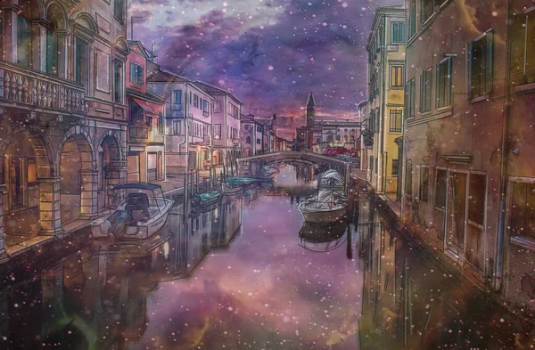 Digital painting of a canal in Venice at night, Italy. Digital painting.