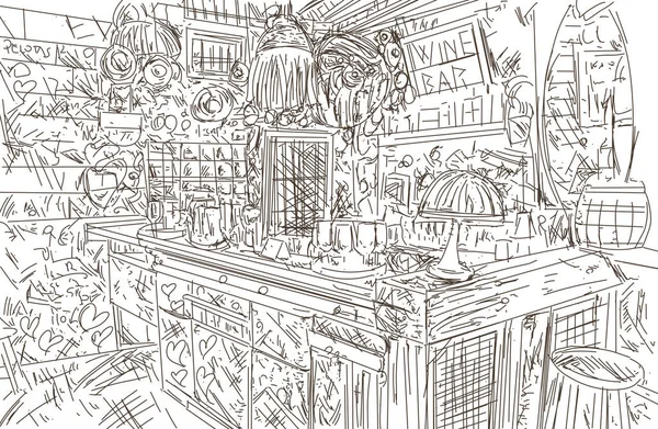 Coffee shop interior sketch. Hand drawn illustration of coffee shop interior sketch.