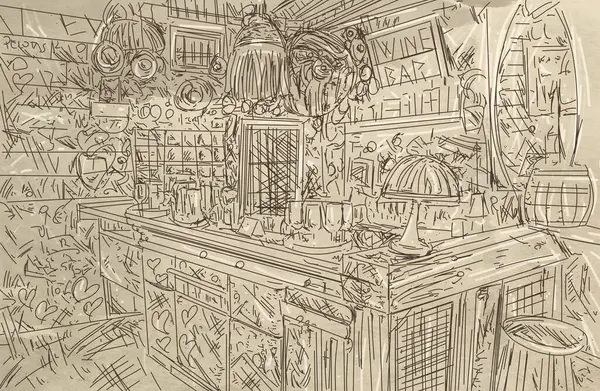 Sketch of the interior of a cafe. Hand-drawn illustration