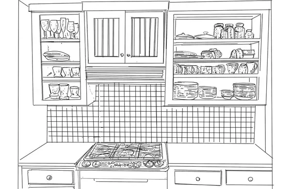 Sketch of a kitchen interior. Hand-drawn illustration.