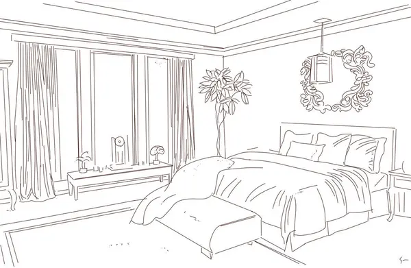 Bedroom interior graphic black white sketch illustration vector hand drawn line art