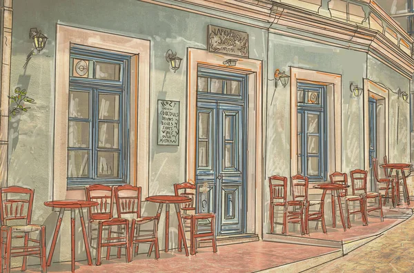 Illustration of a cafe in the old town of Lviv,