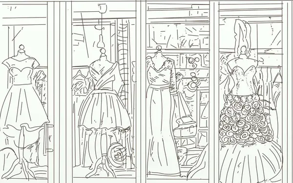 Women\'s clothing in a shop window. Illustration of a woman\'s clothing store.