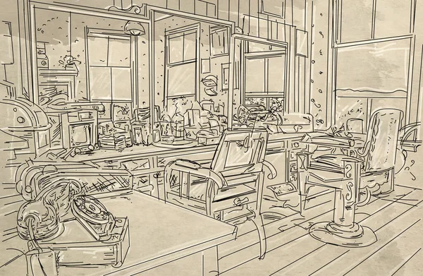 Interior of a barber shop - black and white vector illustration