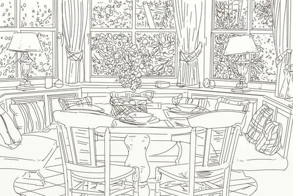 Doodle sketch of a cafe or restaurant interior with tables and chairs