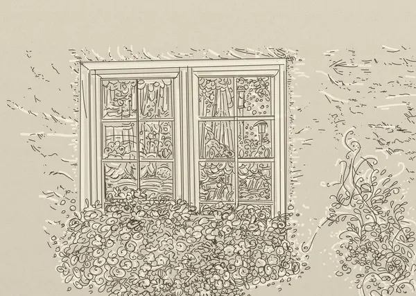 Illustration of the window with flowers in pots on a white background